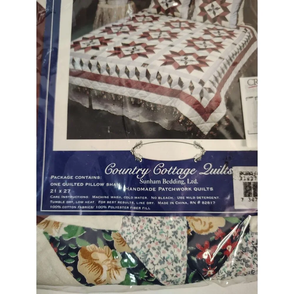 NOS Vtg Country Cottage Quilts Burgundy Star Patchwork Quilt Shams Set